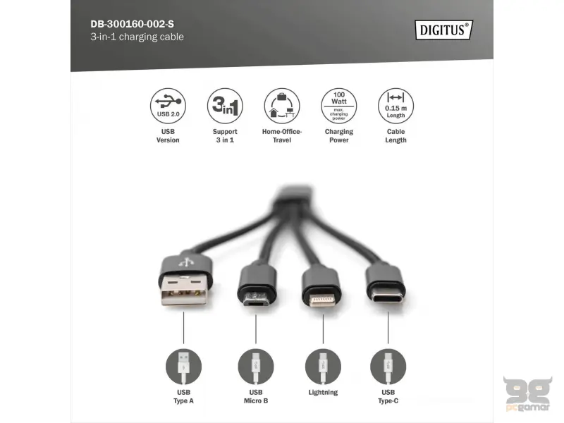 Digitus Kabl 3 u 1, 0.15m (lighting+ micro + Type-C) crni