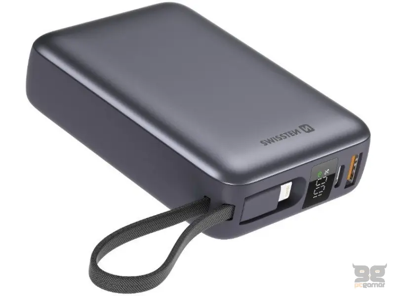 Swissten Power bank 20000 mAh with built-in cables USB-C and Lightning Space silver