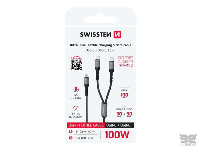 Swissten Kabl 2in1 100W USB-C/ 2x USB-C 1.5m Black