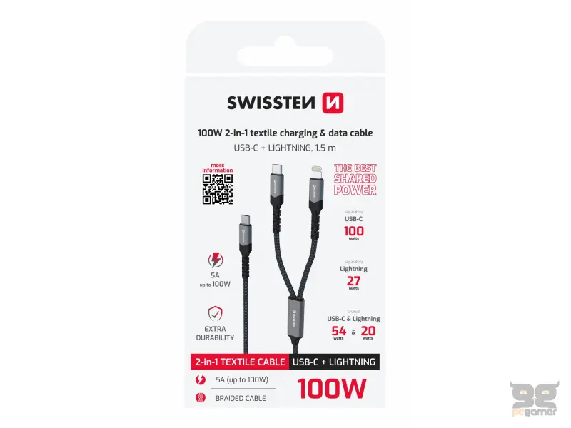 Swissten Kabl 2in1 100W USB-C/ USB-C + Lightning 1.5m Black