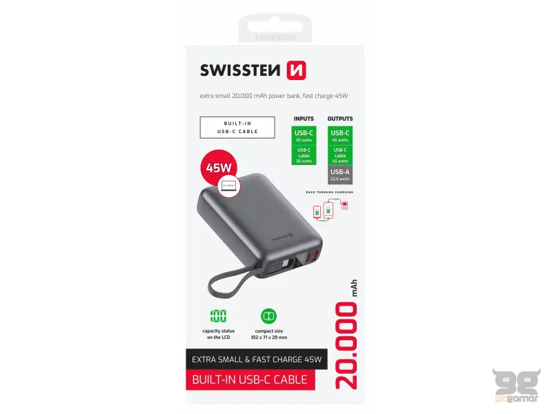 Swissten Power bank 20000 mAh 45W with built-in cable USB-C Space Silver
