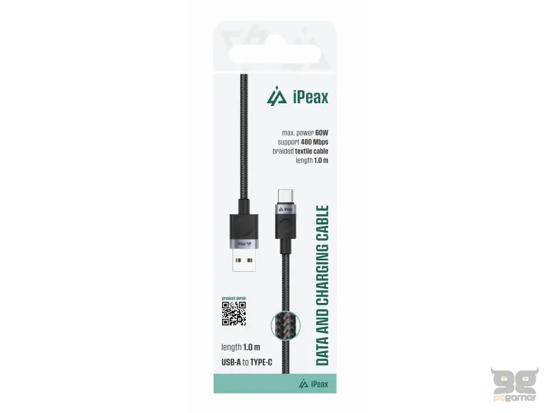 iPEAX Kabl Textile USB-A/Type-C 1m, USB 2.0 Black