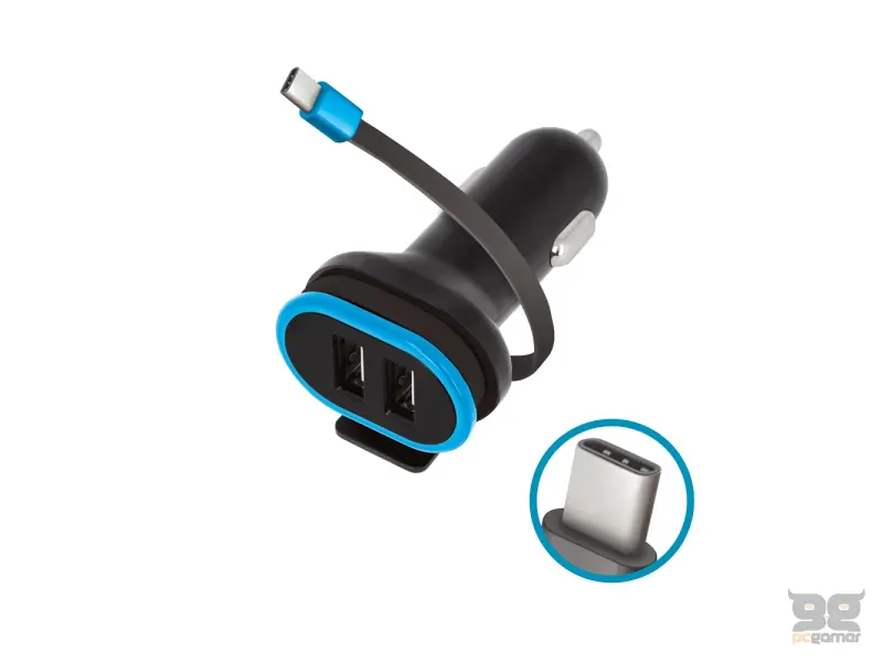 Forever CC-02 car charger 2x USB 3A black with USB-C cable 0,2 m