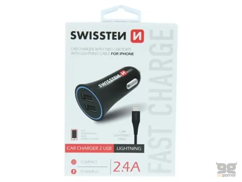 Swissten Car charger 2.4A Power, 2x USB + cable lightning