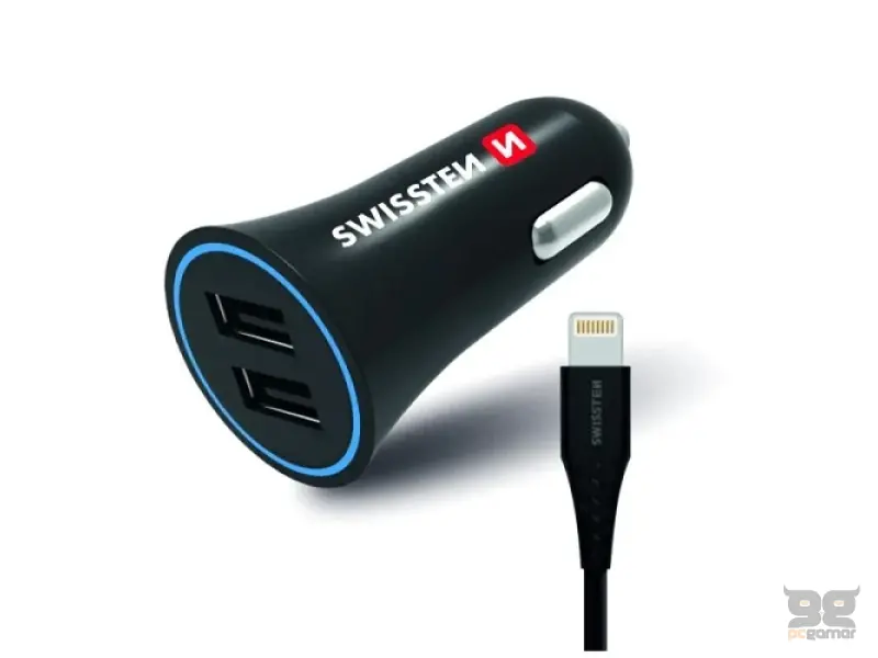 Swissten Car charger 2.4A Power, 2x USB + cable lightning