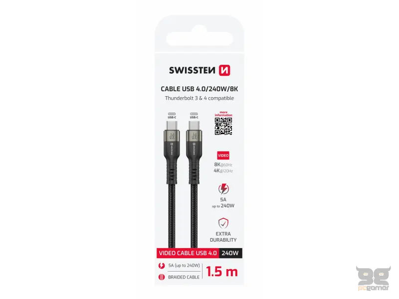 Swissten Kabl Data Video USB-C 4.0 – 240W, 40Gbps, 8K 60Hz, 1.5m Black