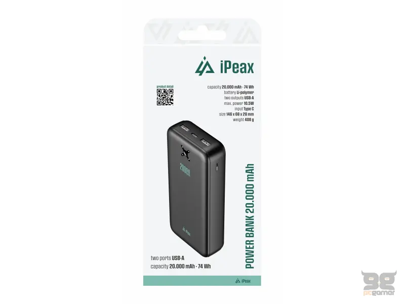 iPEAX Power bank 20000 mAh, 10.5W, 2x USB-A Black