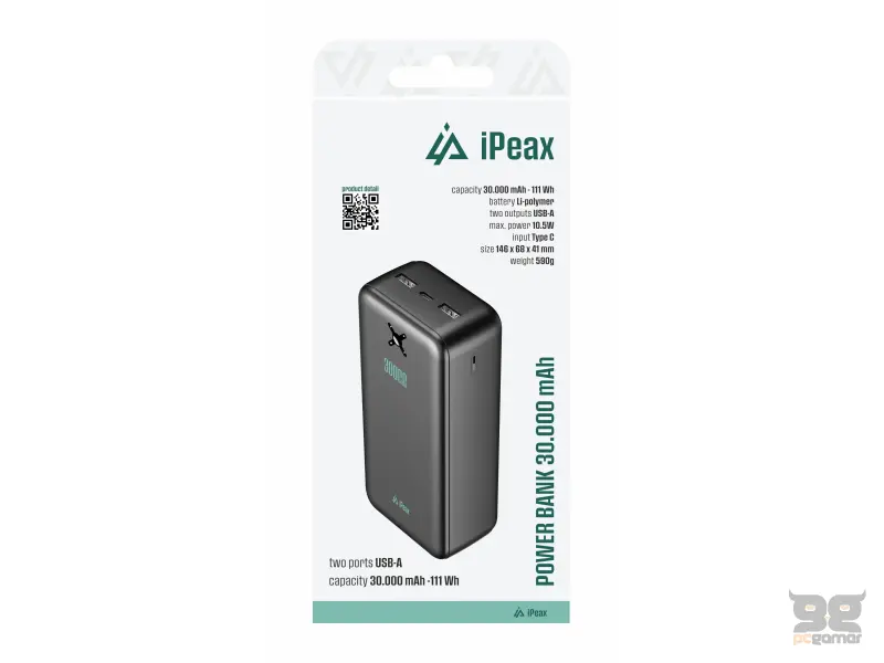iPEAX Power bank 30000 mAh, 10.5W, 2x USB-A Black