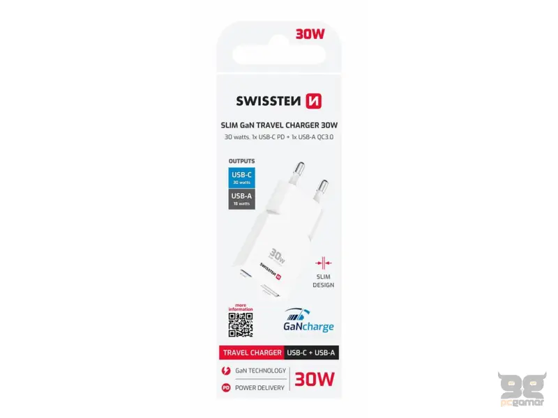 Swissten Travel Charger Slim GaN USB-C / USB 30W - White