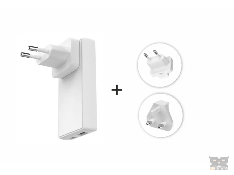 Swissten Travel Power Adapter GaN USB-C + USB-A, 45 W, US, EU, UK, white