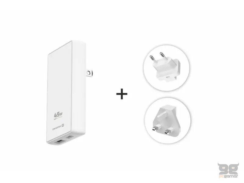 Swissten Travel Power Adapter GaN USB-C + USB-A, 45 W, US, EU, UK, white