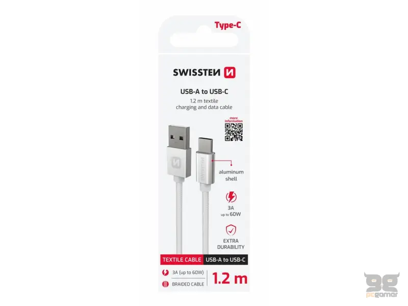 Swissten Data kabl Textile USB / USB-C 1.2m Silver