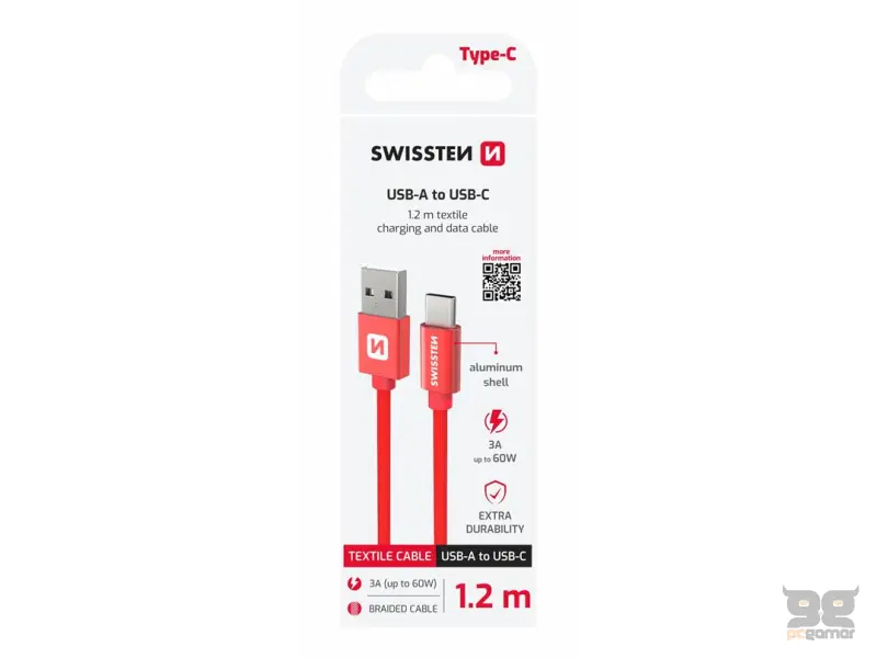 Swissten Data kabl Textile USB / USB-C 1.2m Red