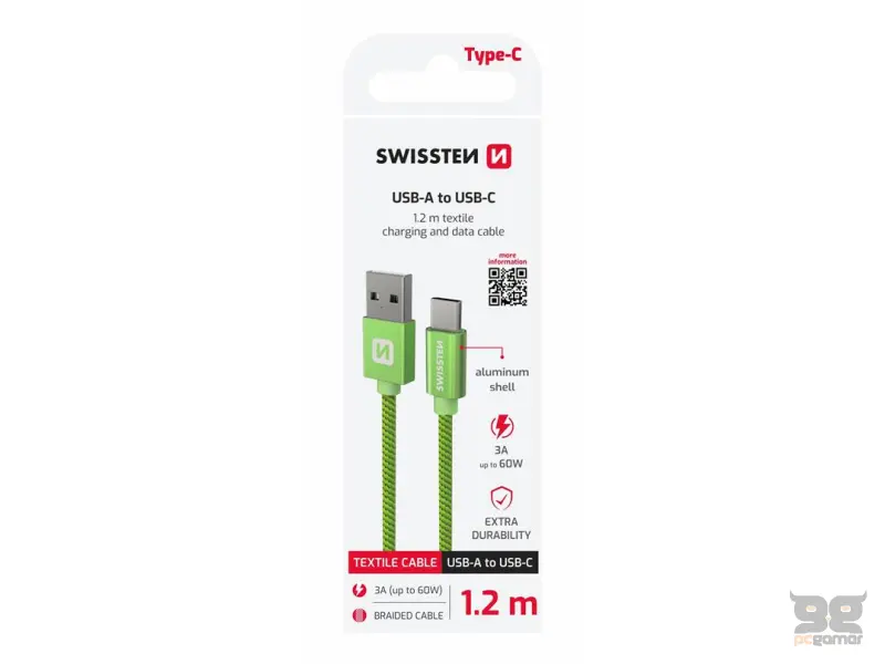 Swissten Data kabl Textile USB / USB-C 1.2m Green