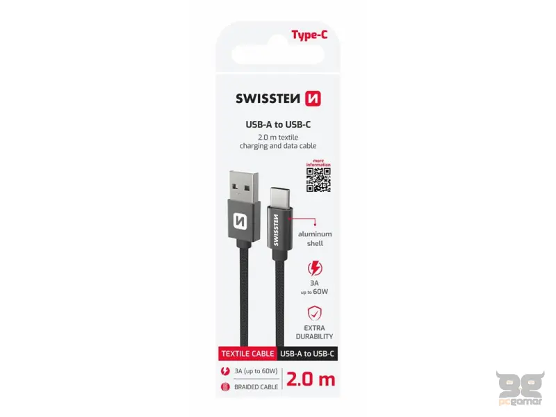 Swissten Data kabl Textile USB / USB-C 2m Black