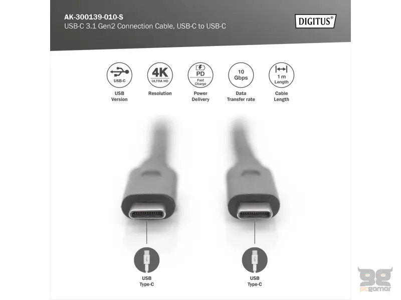 Digitus Kabl USB Type-C to Type-C, 20V/5A 100W, USB 3.2 10Gbps, 1m, crni