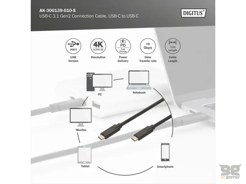 Digitus Kabl USB Type-C to Type-C, 20V/5A 100W, USB 3.2 10Gbps, 1m, crni