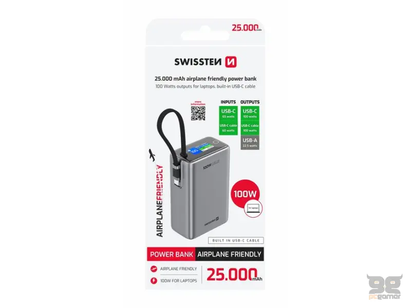 Swissten Power Bank Traveling 25000 mAh (96.25Wh) 100W With Built-In USB-C Cable Grey