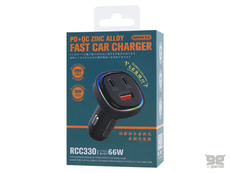 REMAX RCC-330 3u1 Fast auto punjač RGB crni 