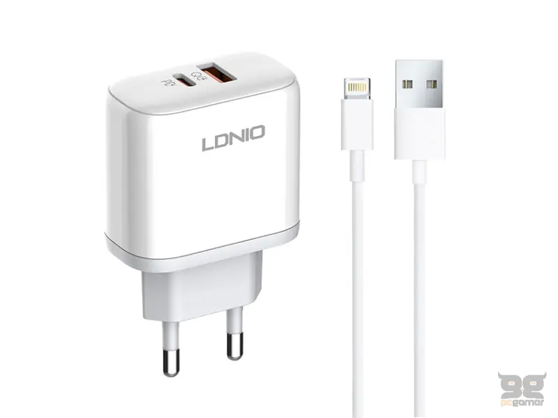 LDNIO A2526C 45W QC4.0 Dual USB-A/USB-C punjač beli + lightning kabl 