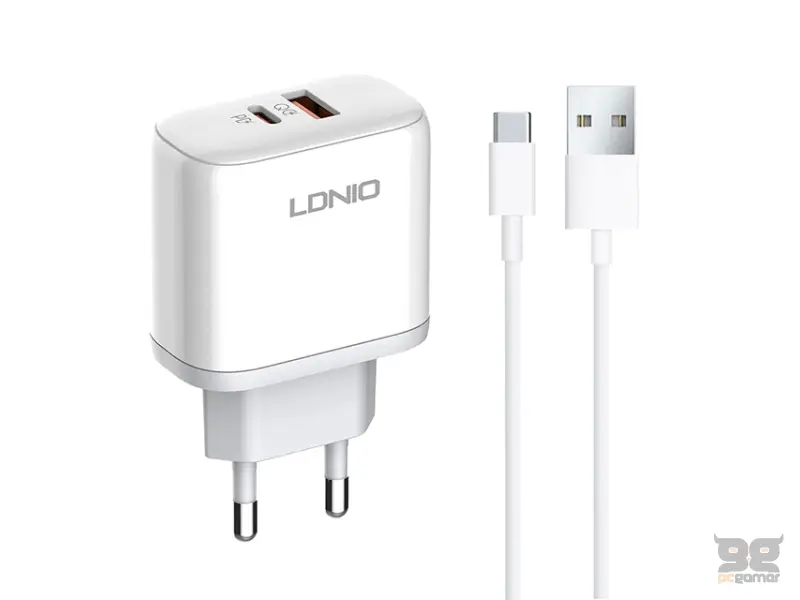 LDNIO A2526C 45W QC4.0 Dual USB-A/USB-C punjač beli + USB-C kabl 
