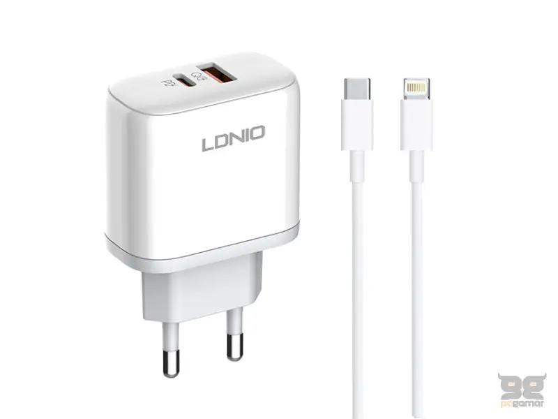 LDNIO A2526C 45W QC4.0 Dual USB-A/USB-C punjač beli + Tip-C na  lightning kabl 
