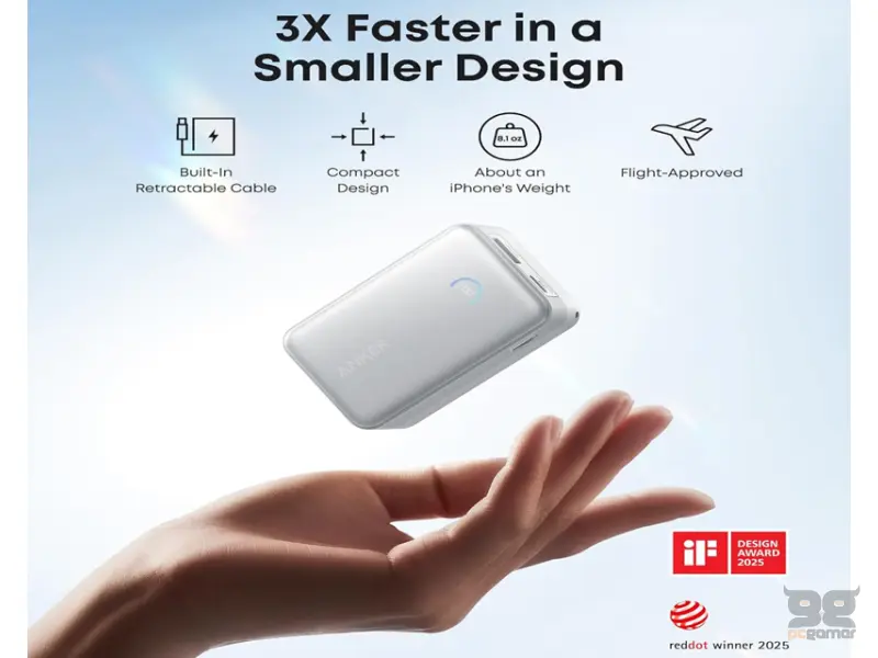 ANKER Nano 10000mAh, 45W, sa ugrađenim USB-C kablom na izvlačenje, Power Bank beli 