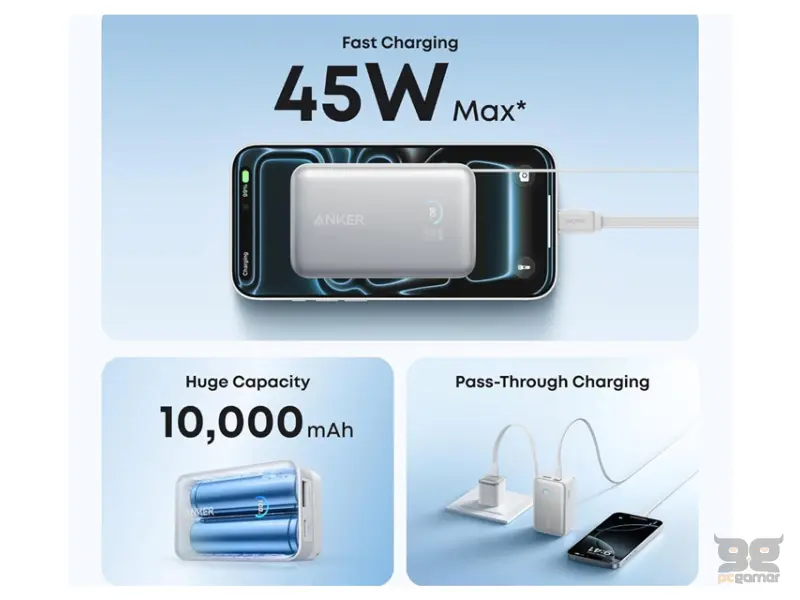 ANKER Nano 10000mAh, 45W, sa ugrađenim USB-C kablom na izvlačenje, Power Bank beli 