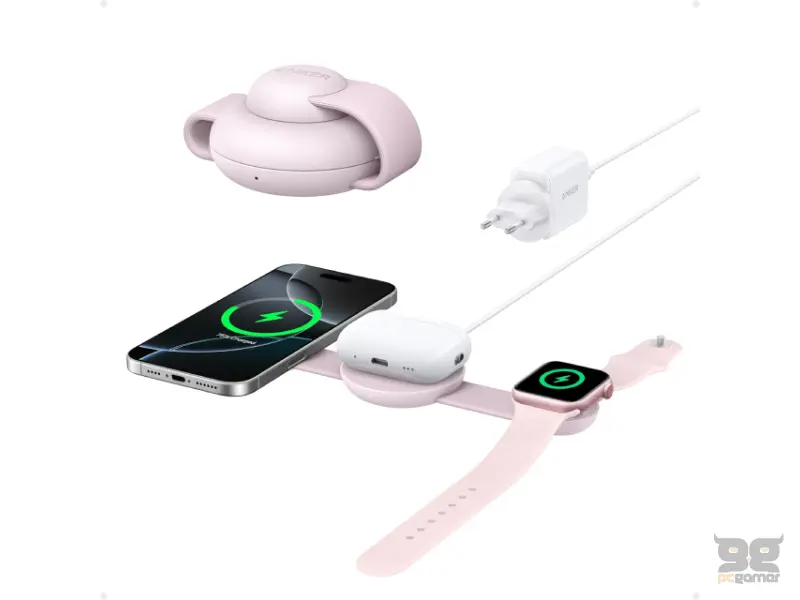 ANKER MagGo Bežični 3u1 sklopivi punjač roze 