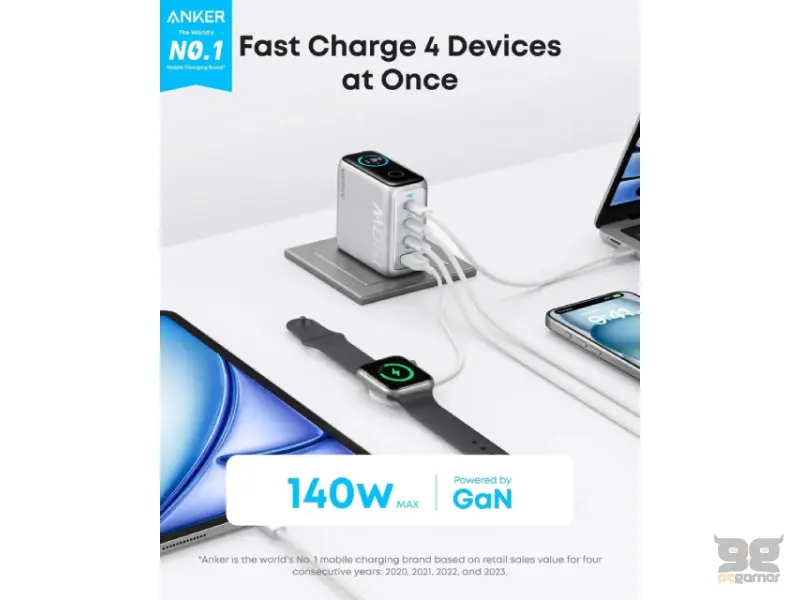 ANKER 140W GaN zidni brzi punjač, 4-porta (3x USB-C i 1x USB-A) sa USB-C M/M pletenim kablom, srebrni 