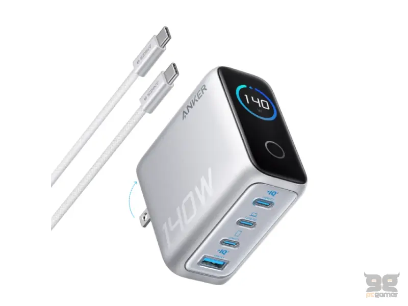 ANKER 140W GaN zidni brzi punjač, 4-porta (3x USB-C i 1x USB-A) sa USB-C M/M pletenim kablom, srebrni 