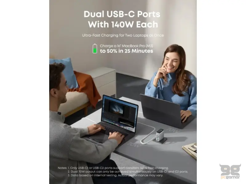 ANKER 140W GaN zidni brzi punjač, 4-porta (3x USB-C i 1x USB-A) sa USB-C M/M pletenim kablom, srebrni 