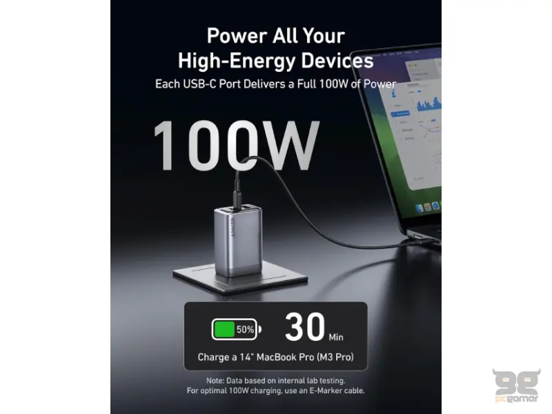 ANKER Prime 100W GaN zidni brzi punjač, 3-porta (2x USB-C i 1x USB-A) srebrni 