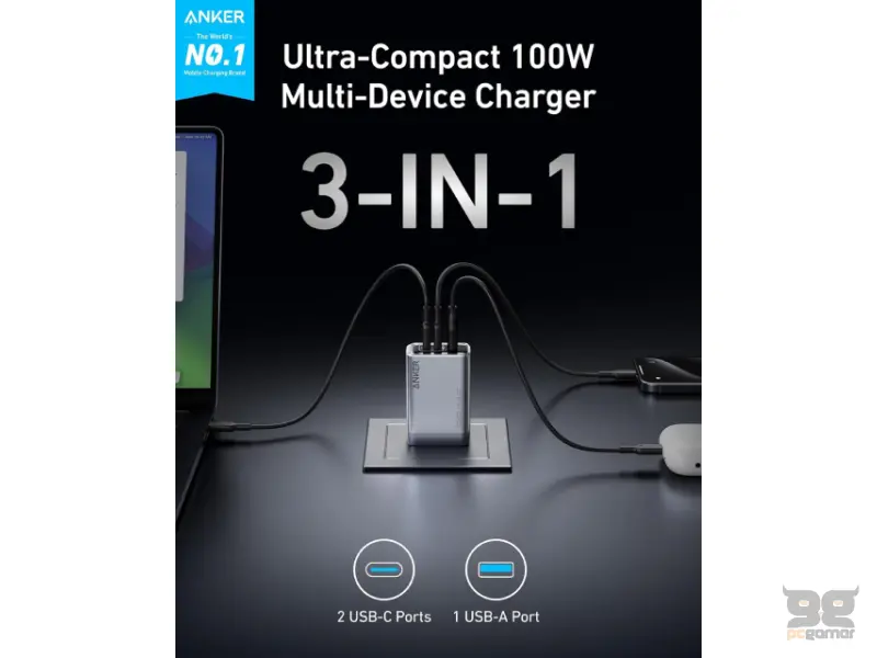ANKER Prime 100W GaN zidni brzi punjač, 3-porta (2x USB-C i 1x USB-A) srebrni 