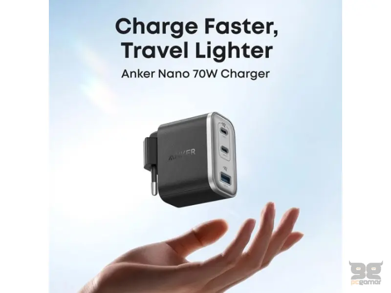 ANKER Prime 70W GaN zidni brzi punjač, 3-porta (2x USB-C i 1x USB-A) crni 