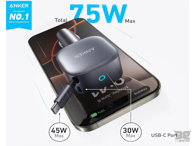 ANKER Nano 75W, sa ugrađenim USB-C kablom na izvlačenje i USB-C portom, auto punjač 