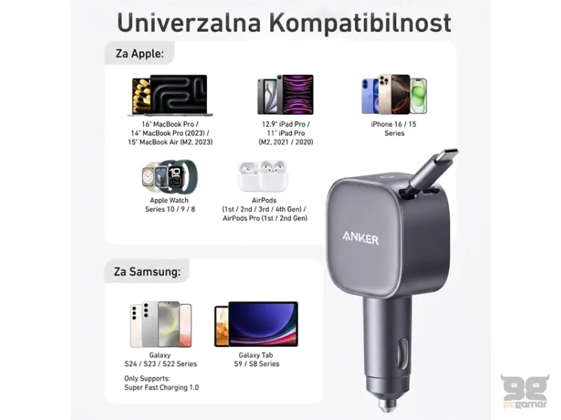 ANKER Nano 75W, sa ugrađenim USB-C kablom na izvlačenje i USB-C portom, auto punjač 