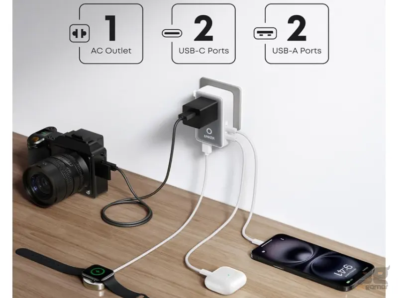 ANKER Nano 20W putni zidni punjač 5-portova (2x USB-A, 2x USB-C, utičnica EU na US, UK, AU i EU), beli 