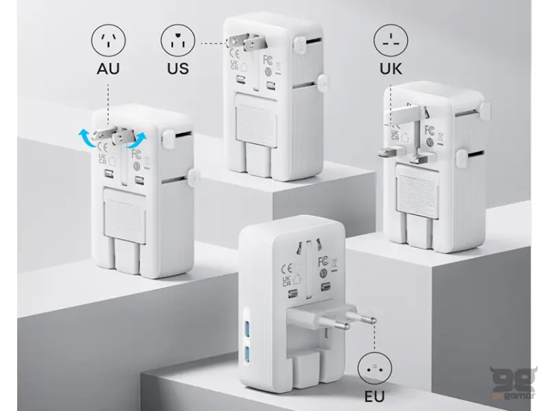 ANKER Nano 20W putni zidni punjač 5-portova (2x USB-A, 2x USB-C, utičnica EU na US, UK, AU i EU), beli 