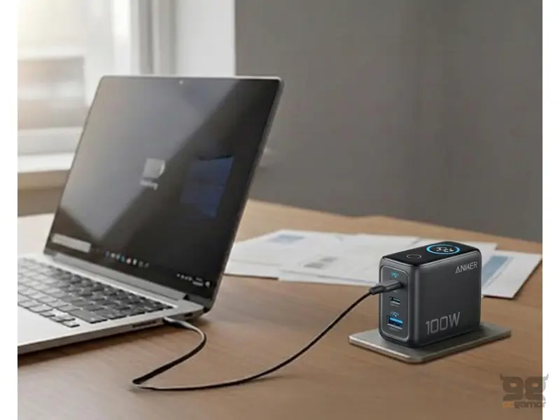 ANKER 100W GaN zidni brzi punjač, 3-porta (2x USB-C i 1x USB-A) sa USB-C M/M pletenim kablom, tamno sivi 