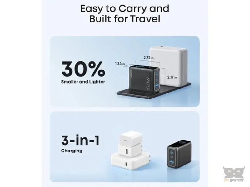 ANKER 100W GaN zidni brzi punjač, 3-porta (2x USB-C i 1x USB-A) sa USB-C M/M pletenim kablom, tamno sivi 