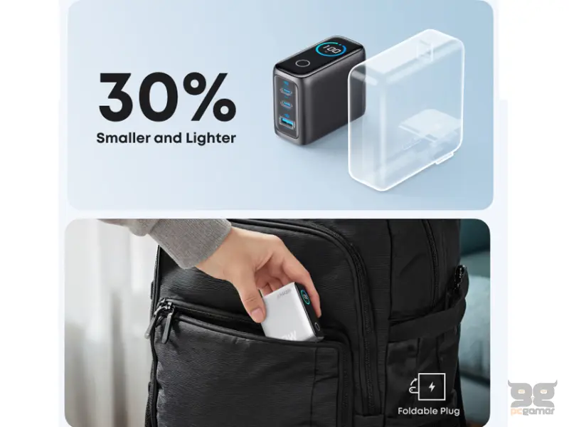 ANKER 100W GaN zidni brzi punjač, 3-porta (2x USB-C i 1x USB-A) sa USB-C M/M pletenim kablom, tamno sivi 