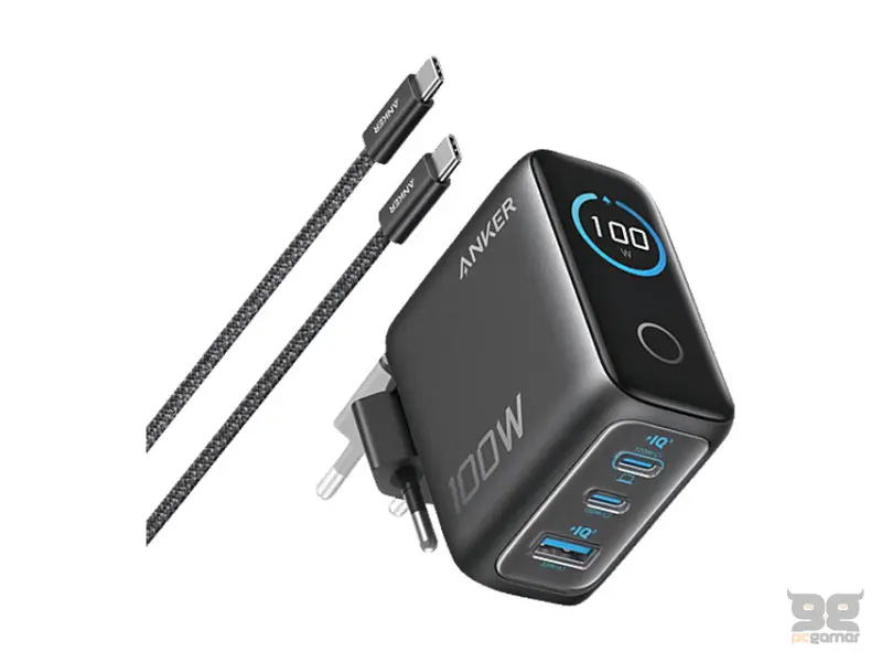 ANKER 100W GaN zidni brzi punjač, 3-porta (2x USB-C i 1x USB-A) sa USB-C M/M pletenim kablom, tamno sivi 