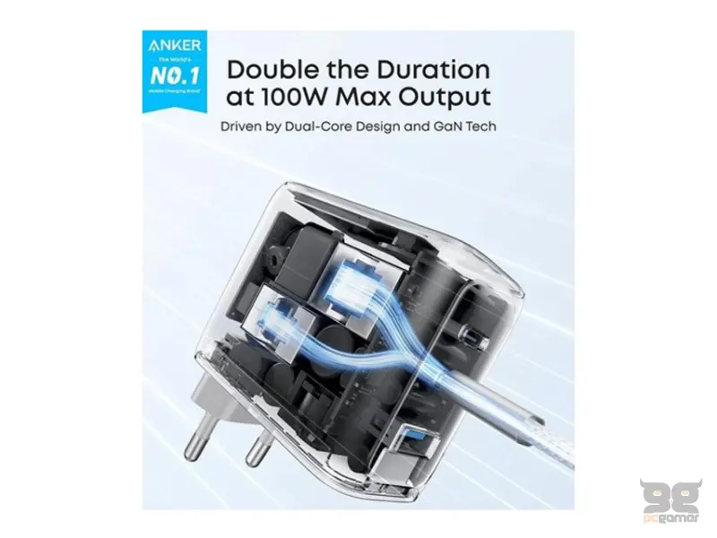 ANKER 100W GaN zidni brzi punjač, 3-porta (2x USB-C i 1x USB-A) sa USB-C M/M pletenim kablom, tamno sivi 