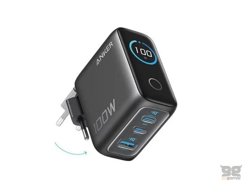 ANKER 100W GaN zidni brzi punjač, 3-porta (2x USB-C i 1x USB-A) sa USB-C M/M pletenim kablom, tamno sivi 
