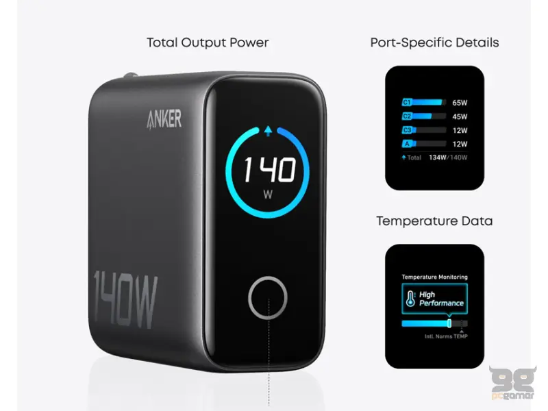 ANKER 140W zidni punjač 4-porta (3x USB-C, 1x USB-A) sa USB-C M/M pletenim kablom, tamno sivi 