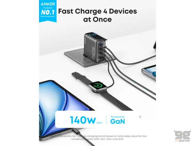 ANKER 140W zidni punjač 4-porta (3x USB-C, 1x USB-A) sa USB-C M/M pletenim kablom, tamno sivi 