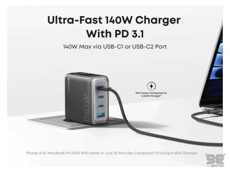 ANKER 140W zidni punjač 4-porta (3x USB-C, 1x USB-A) sa USB-C M/M pletenim kablom, tamno sivi 