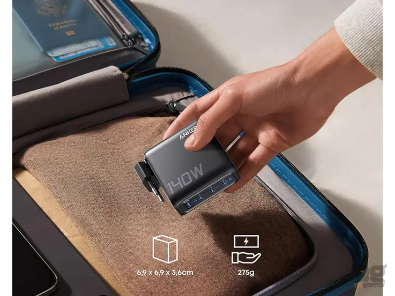 ANKER 140W zidni punjač 4-porta (3x USB-C, 1x USB-A) sa USB-C M/M pletenim kablom, tamno sivi 