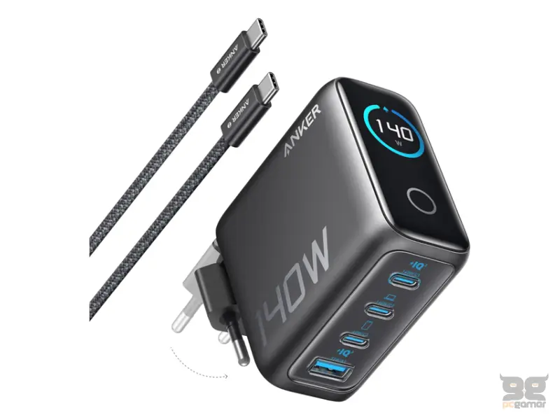 ANKER 140W zidni punjač 4-porta (3x USB-C, 1x USB-A) sa USB-C M/M pletenim kablom, tamno sivi 